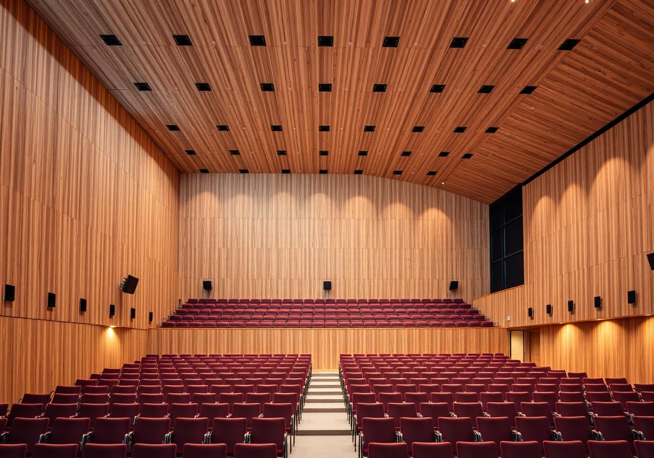 Kampuksen auditorio — Akustinen verhoilu · Puupaneelit